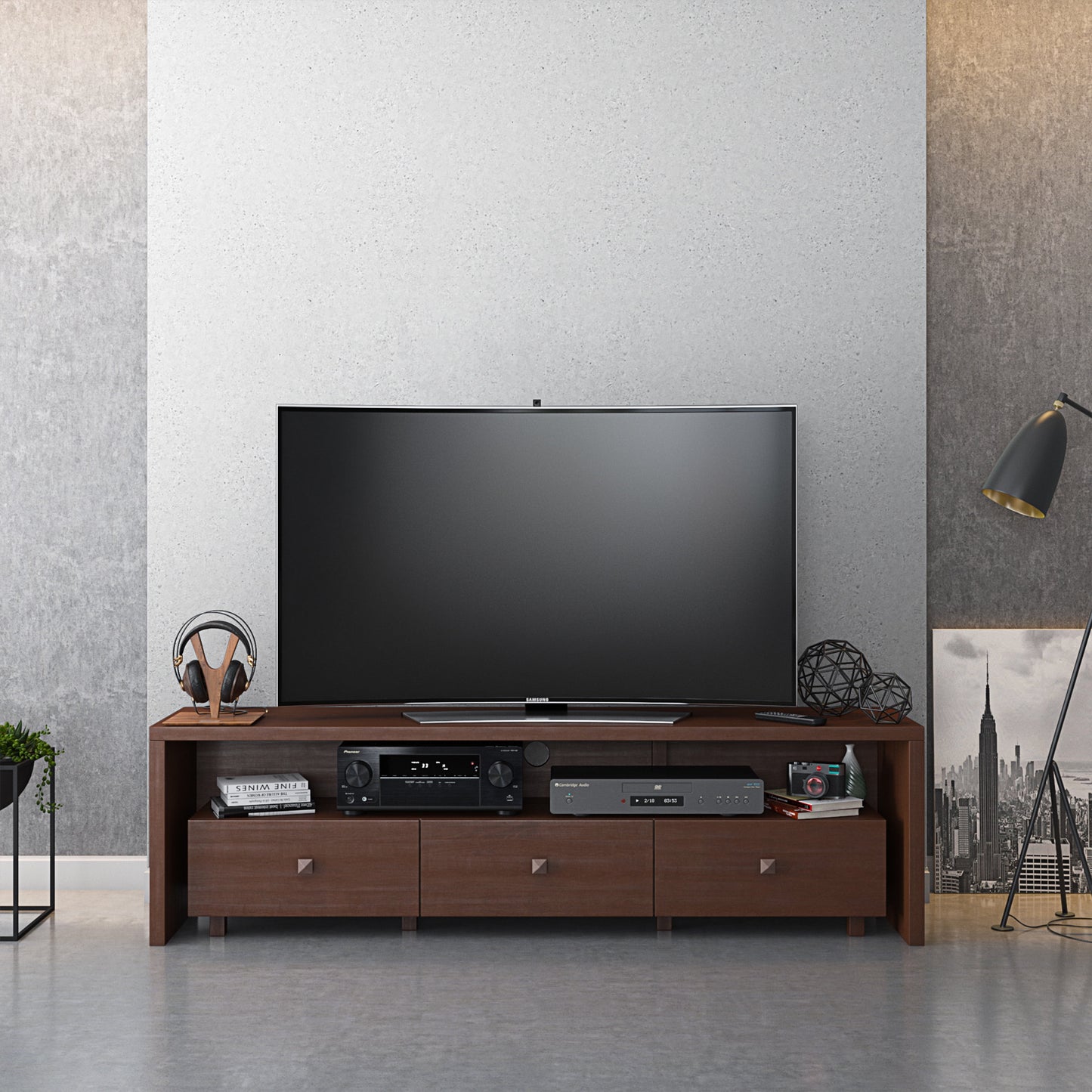 Elegant Modern TV Stand for Tvs up to 75" with Storage, Wood-Like Finish, Hickory Brown RTA-8895-HRY