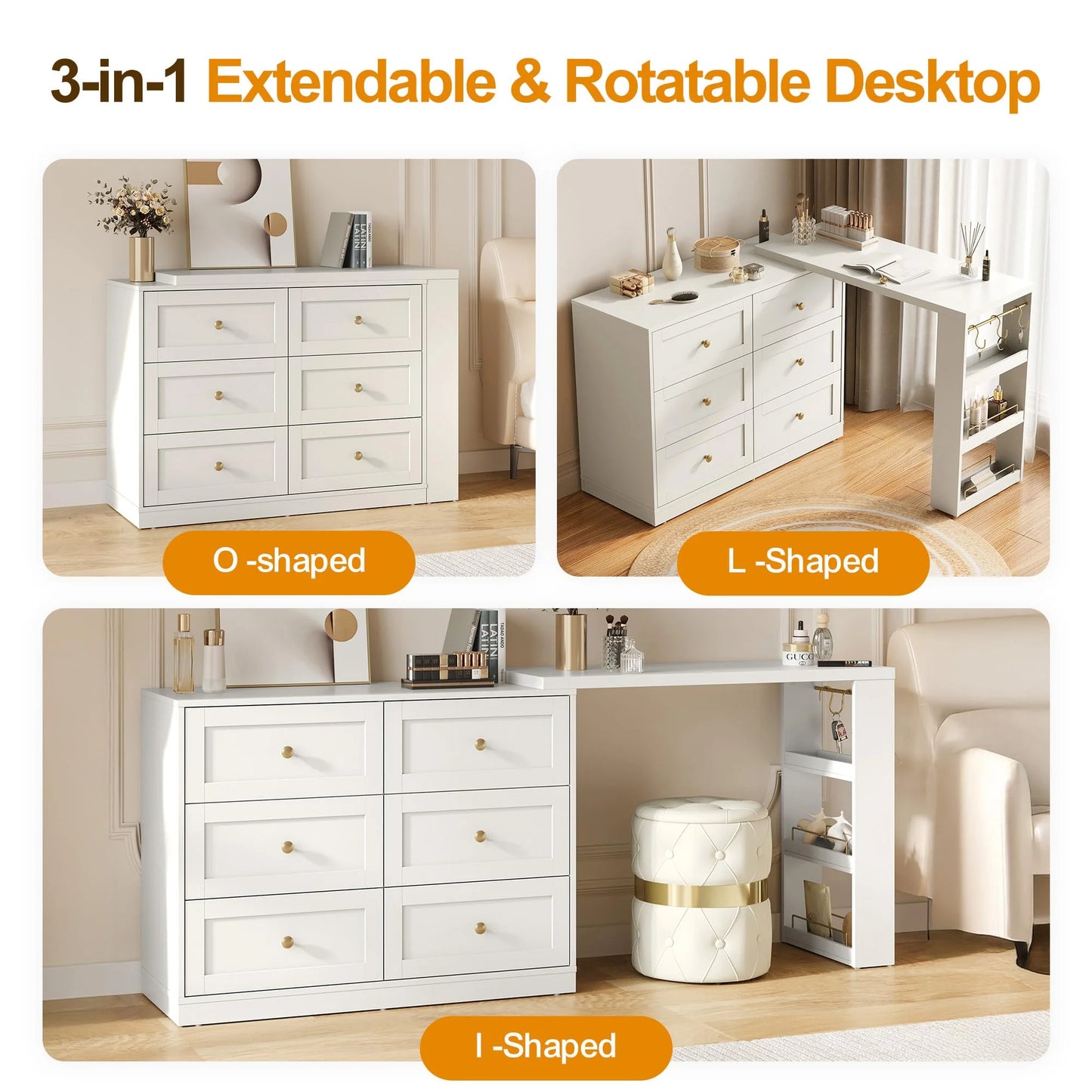 6 Drawer Dresser and Vanity, Extendable Corner Vanity Desk and Dresser Combo with 3 Side Shelves, Wood Dressing Table for Bedroom, Dressing Room, White