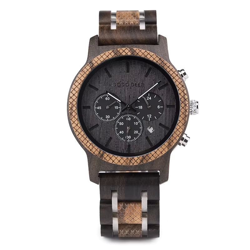 Wood Watches Mens Top Luxury Brand Мужские Часы Stop Watch Quartz Montre Homme Casual Complete Calendar in Gift Box