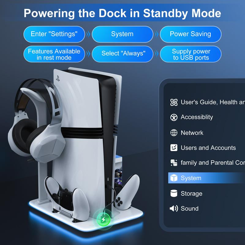 APTGAME Cooling Station for PS5 Slim & Playstation 5 Pro Console,Headset Holder PS5 Accessories Dual Controller Charging Station for PS 5 Controllers, 7 RGB Light, 5 Game Slots,Don Fit the Regular PS5 Wearable Ps5 Accessories Men Gadgets Controller