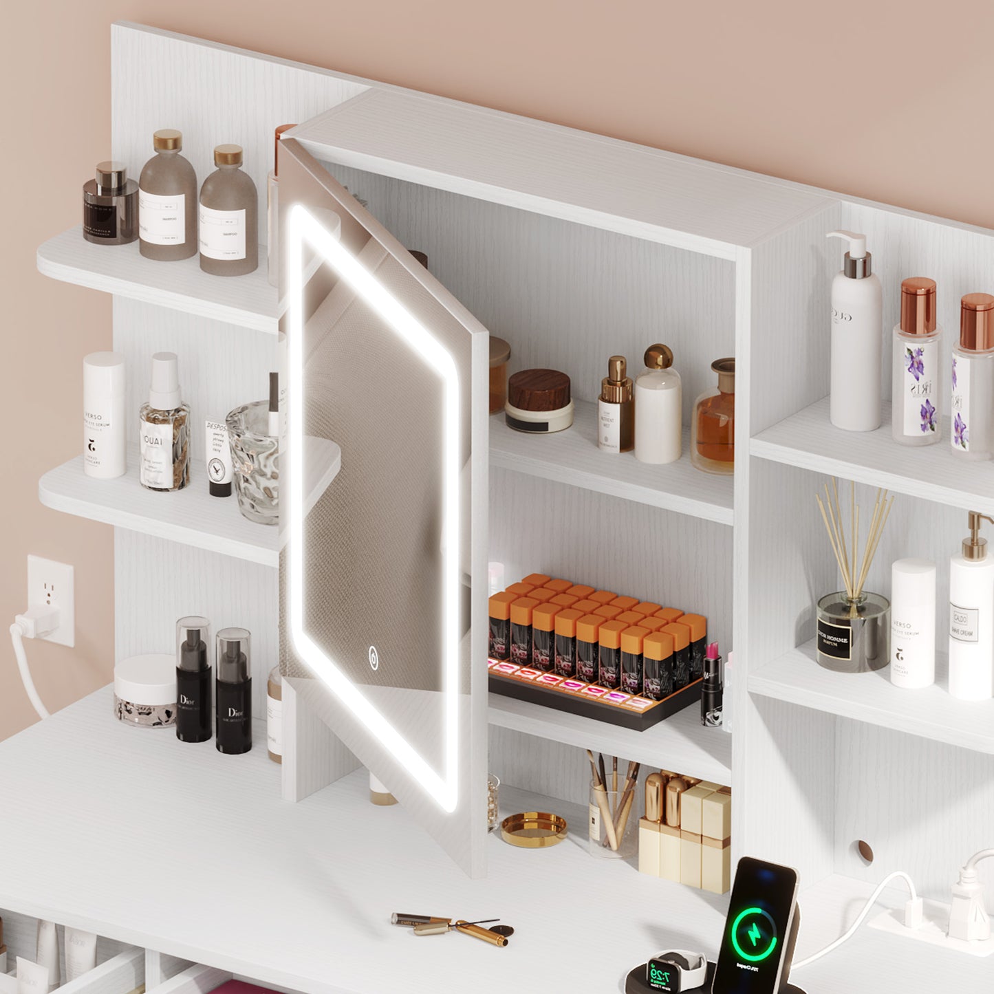 Makeup Vanity Set with LED Lighted Mirror, Makeup Desk with Drawers & Stool, Vanity Table with Hidden Storage Shelves, Makeup Dressing Table Set for Girls,Princess, White