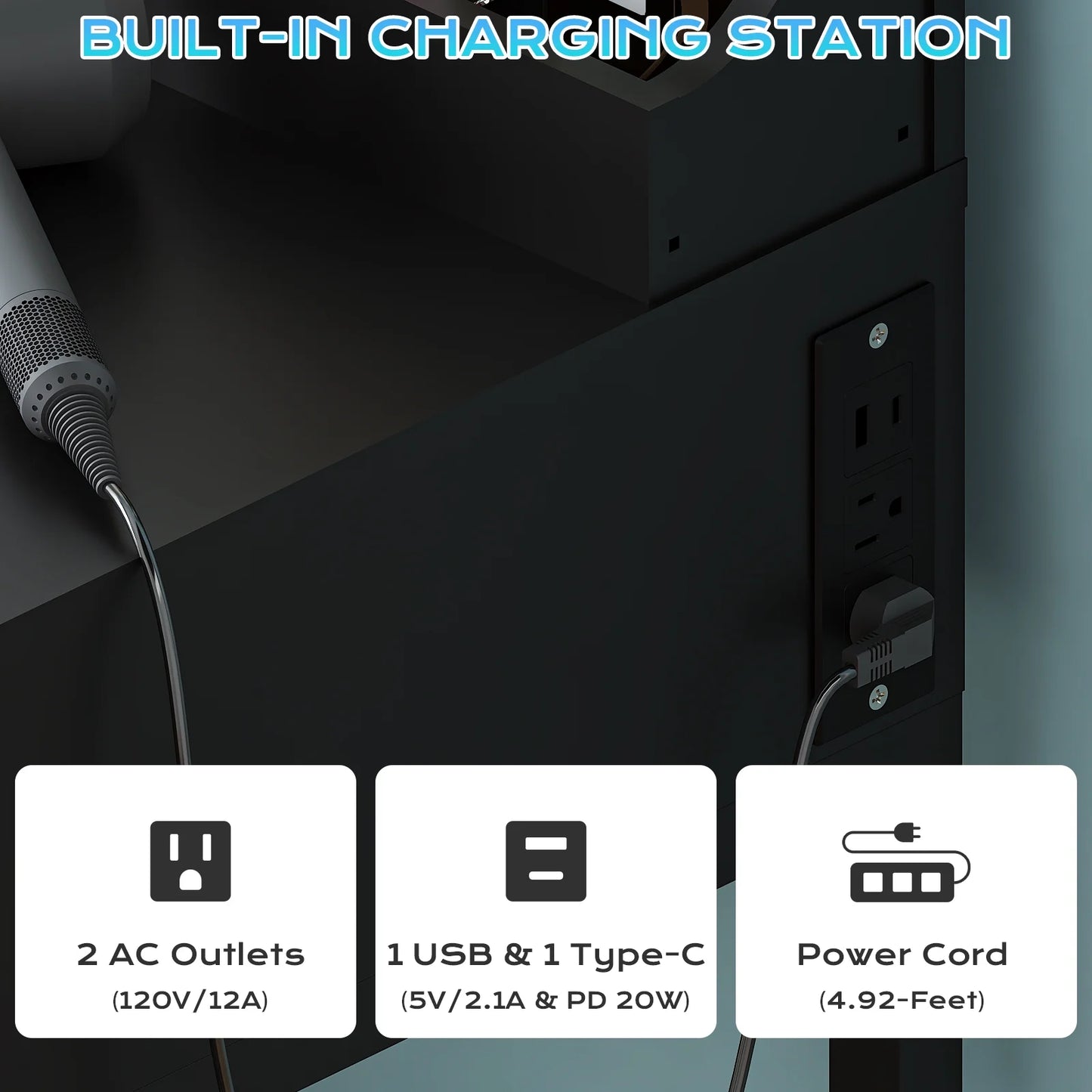 Flutted Makeup Vanity Table 8 LED Lights, Dressing Desk with Charging Station, for Femal Gift, Black