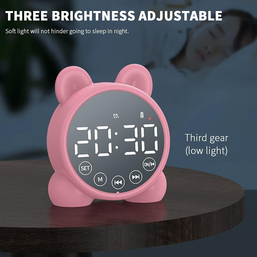 Wireless Charging Digital Alarm Clock, Mirror LED Display Bluetooth Speaker FM Clock Radio with USB Port, Portable Dual Alarm for Home Office Bedroom (Pink)