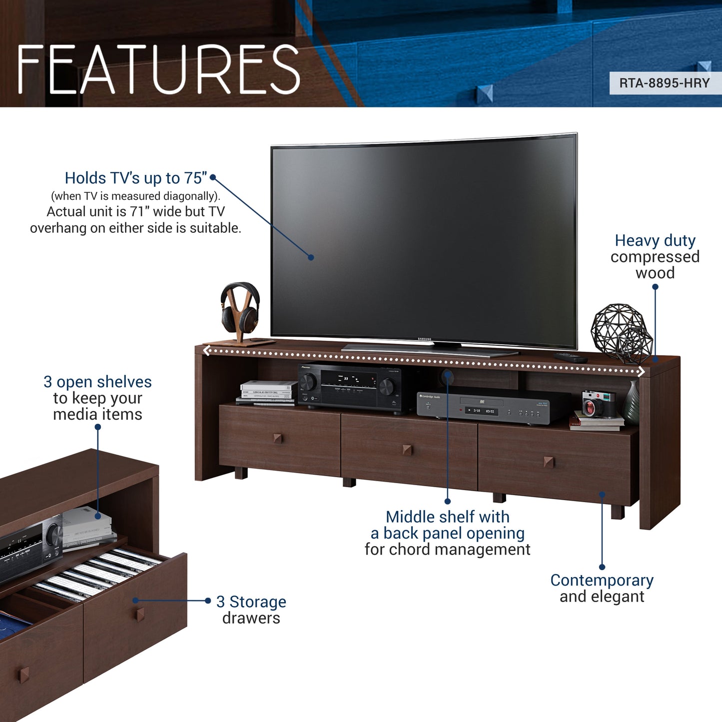 Elegant Modern TV Stand for Tvs up to 75" with Storage, Wood-Like Finish, Hickory Brown RTA-8895-HRY