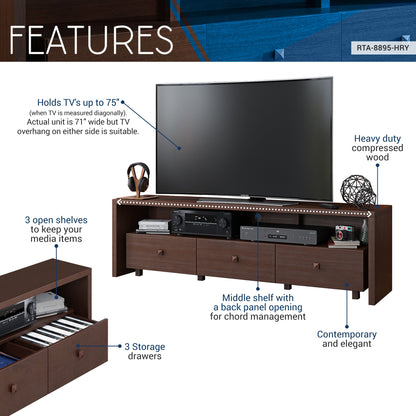Elegant Modern TV Stand for Tvs up to 75" with Storage, Wood-Like Finish, Hickory Brown RTA-8895-HRY