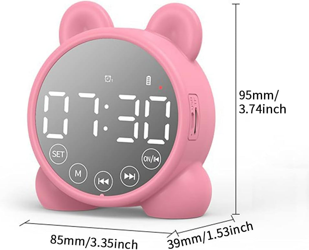 Wireless Charging Digital Alarm Clock, Mirror LED Display Bluetooth Speaker FM Clock Radio with USB Port, Portable Dual Alarm for Home Office Bedroom (Pink)