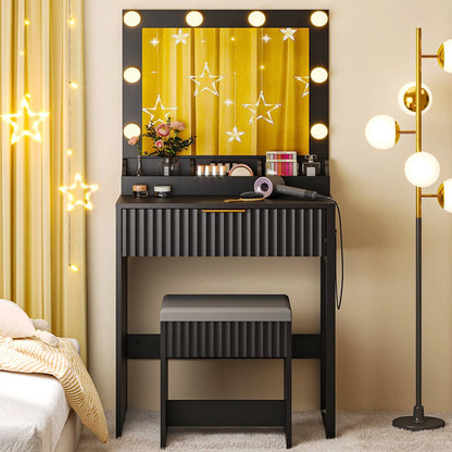 Flutted Makeup Vanity Table 8 LED Lights, Dressing Desk with Charging Station, for Femal Gift, Black