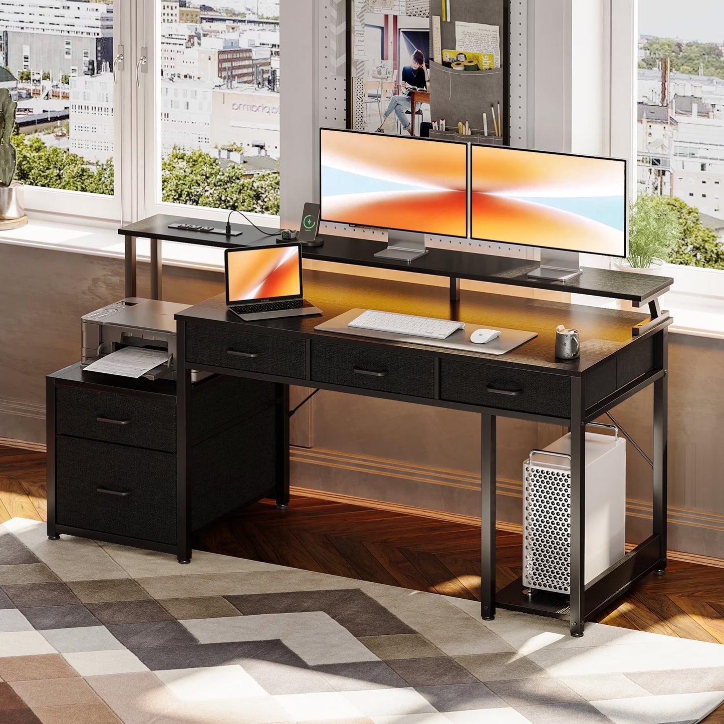 55 Inch Computer Gaming Desk with LED Lights & Power Outlets, Home Office Desk with Storage Shelves & 5 Fabric Drawers, File Cabinet Monitor Stand, Black