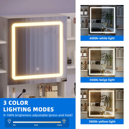 Makeup Vanity Set with LED Lighted Mirror, Makeup Desk with Drawers & Stool, Vanity Table with Hidden Storage Shelves, Makeup Dressing Table Set for Girls,Princess, White