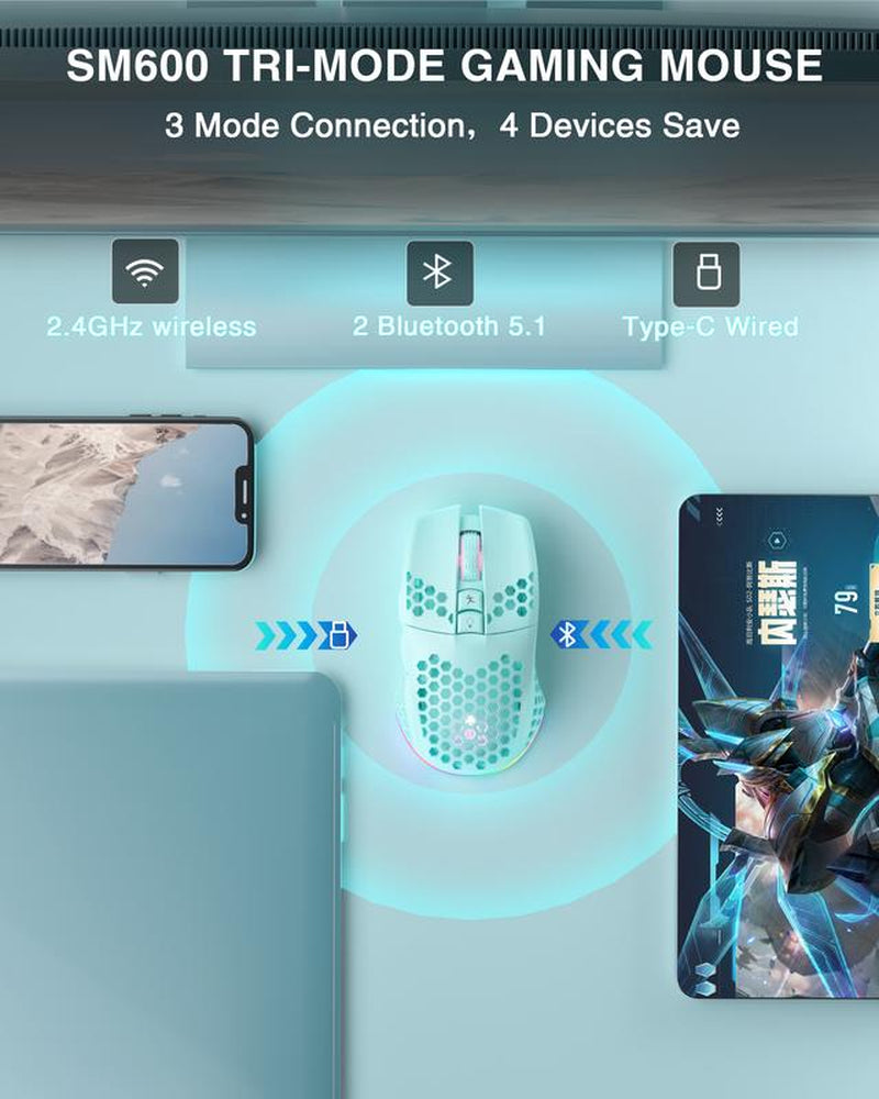 SM600 Wireless Gaming Mouse, Rechargeable Tri-Mode Connection, Ergonomic Mouse, RB Light PC Gaming Mouse, Gaming Accessories, Computer Office Dealsforyoudays