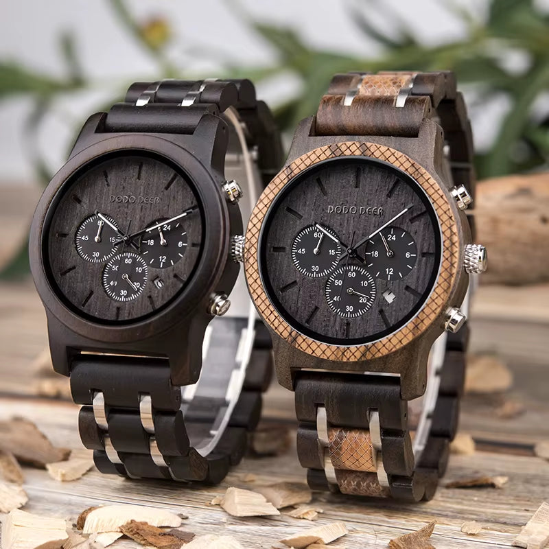 Wood Watches Mens Top Luxury Brand Мужские Часы Stop Watch Quartz Montre Homme Casual Complete Calendar in Gift Box