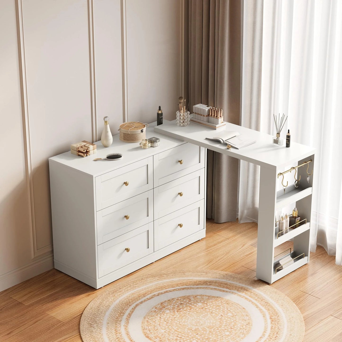 6 Drawer Dresser and Vanity, Extendable Corner Vanity Desk and Dresser Combo with 3 Side Shelves, Wood Dressing Table for Bedroom, Dressing Room, White