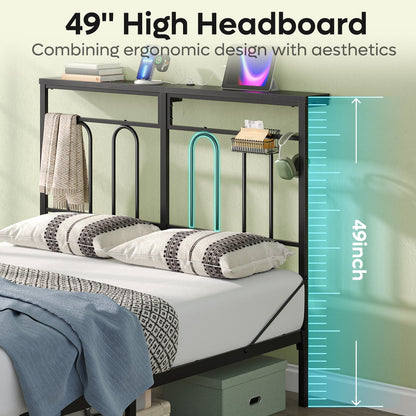 Queen Size Bed Frame with 49.2" High LED Storage Headboard Shelf, Metal Platform Bed with Charging Station, Black