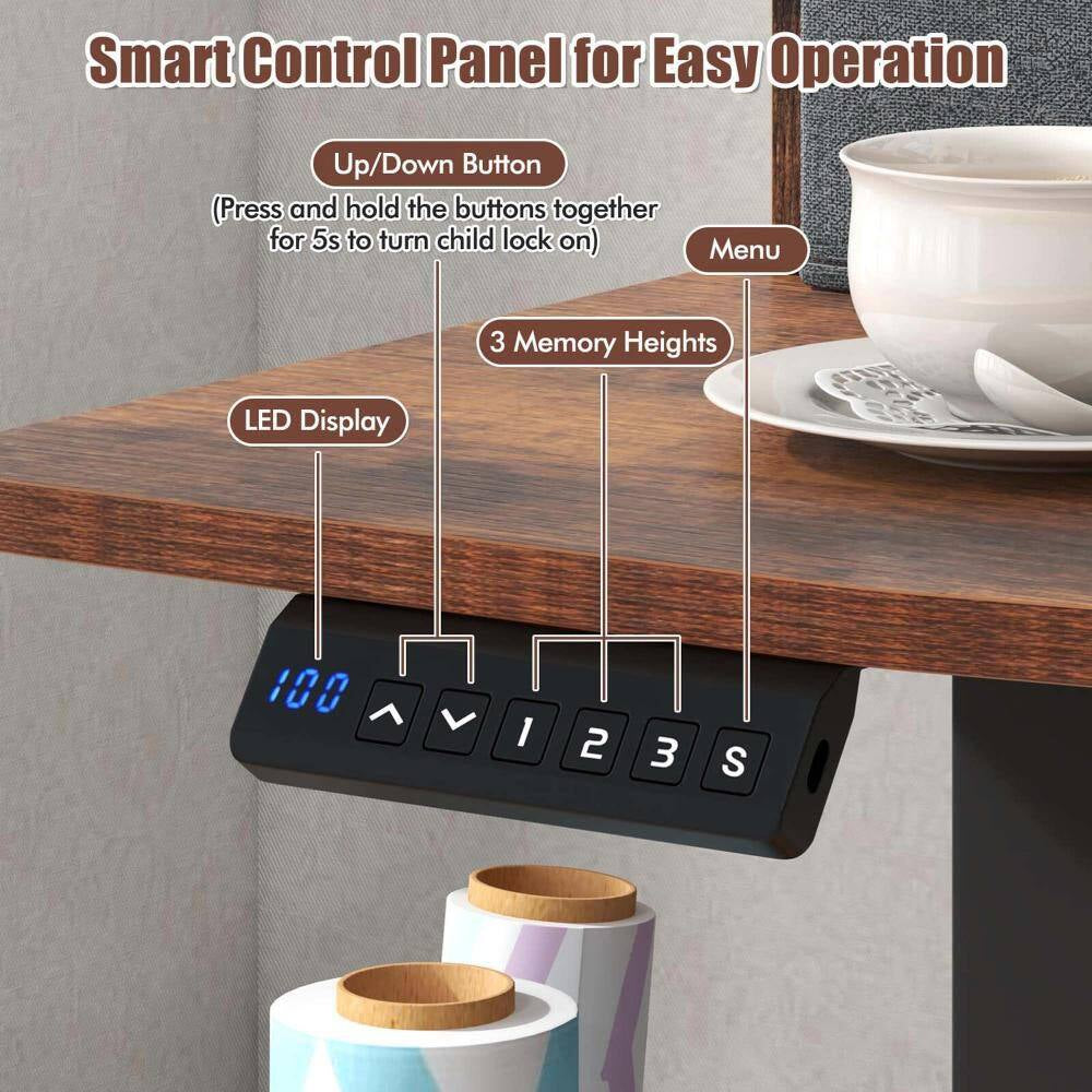 48 In. Brown Wood 2-Drawer Electric Standing Desk with Monitor Stand Storage Shelf