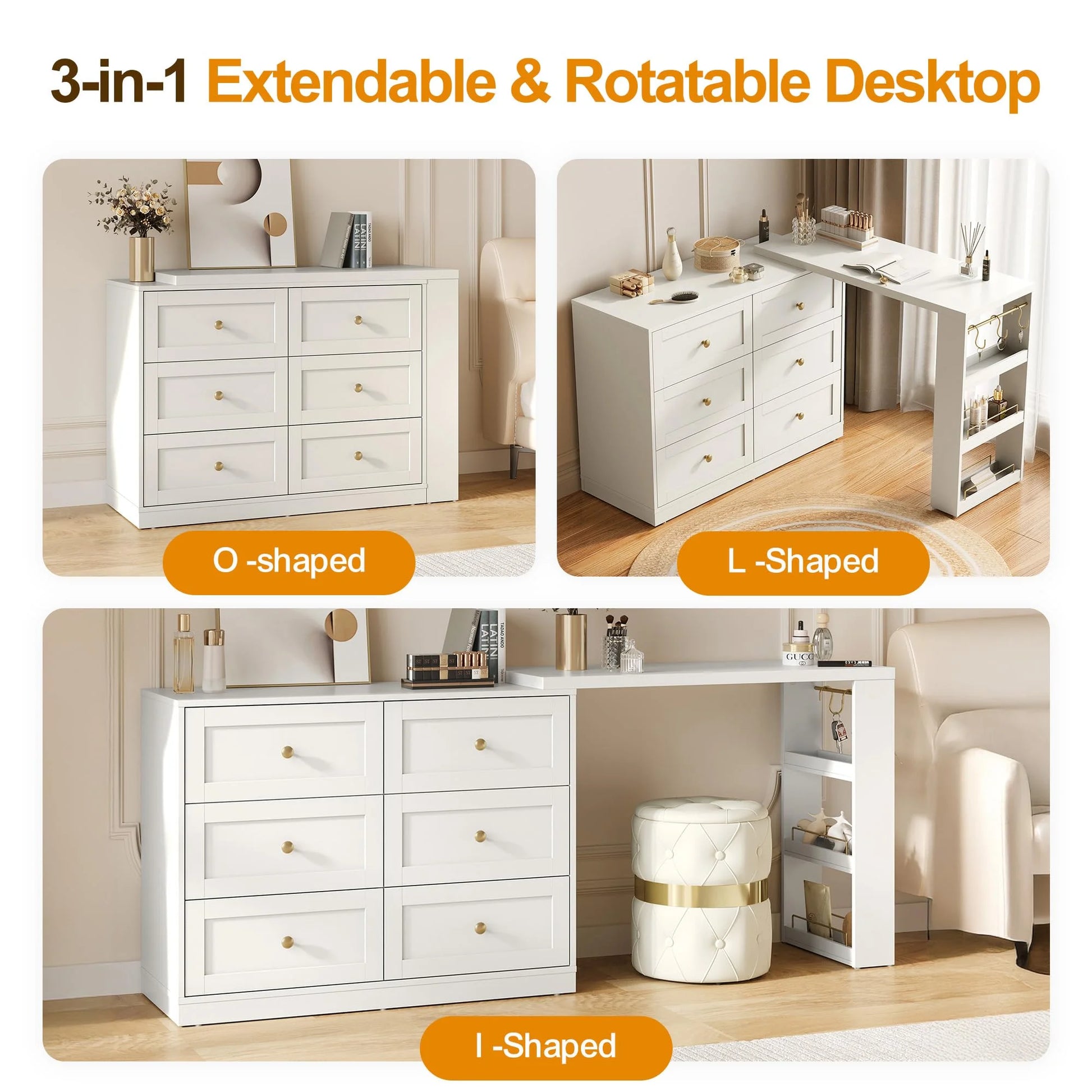 6 Drawer Dresser and Vanity, Extendable Corner Vanity Desk and Dresser Combo with 3 Side Shelves, Wood Dressing Table for Bedroom, Dressing Room, White