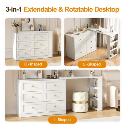6 Drawer Dresser and Vanity, Extendable Corner Vanity Desk and Dresser Combo with 3 Side Shelves, Wood Dressing Table for Bedroom, Dressing Room, White