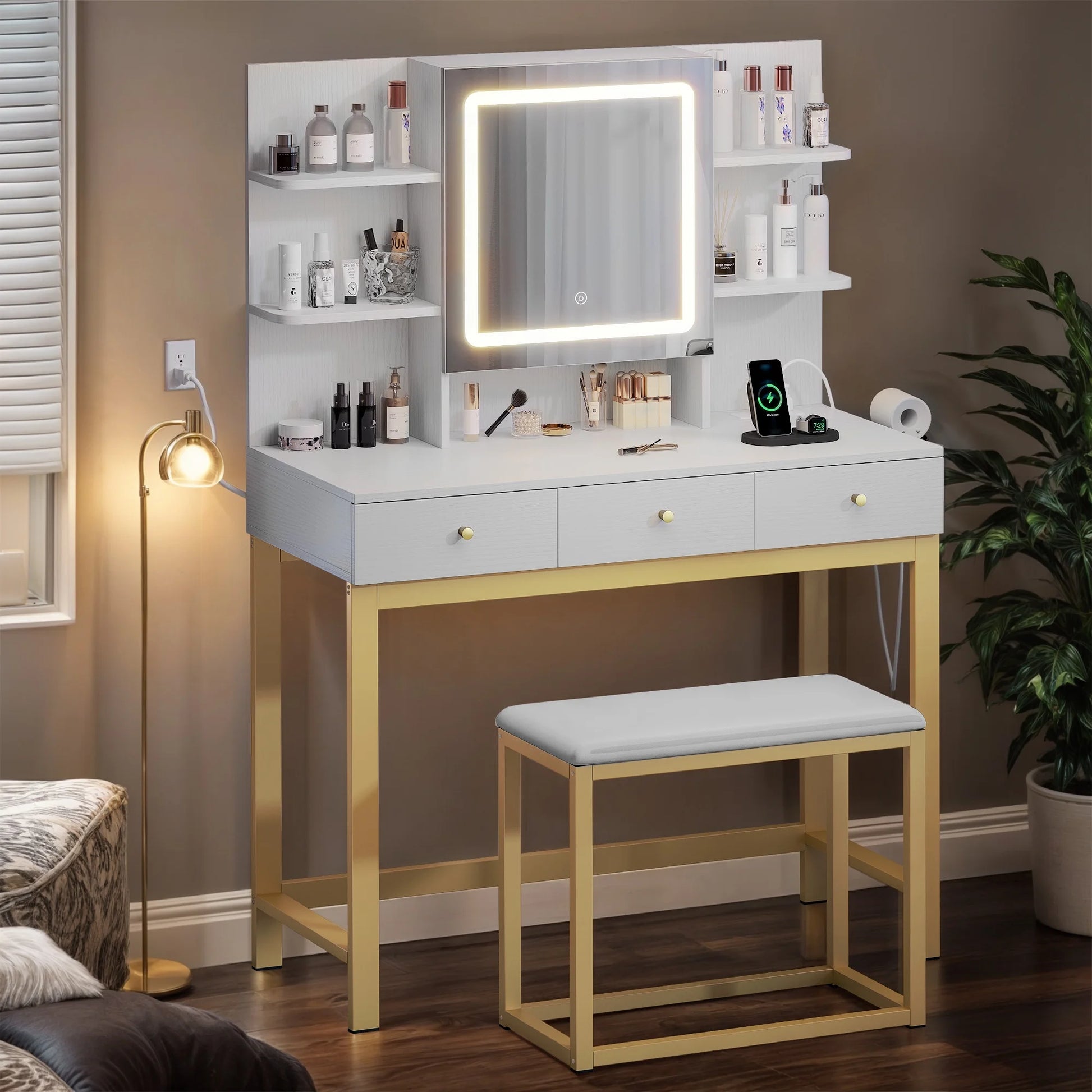 Makeup Vanity Set with LED Lighted Mirror, Makeup Desk with Drawers & Stool, Vanity Table with Hidden Storage Shelves, Makeup Dressing Table Set for Girls,Princess, White