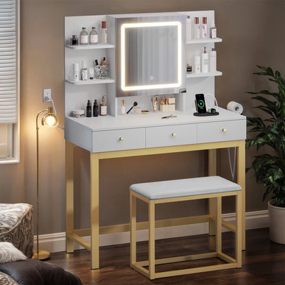 Makeup Vanity Set with LED Lighted Mirror, Makeup Desk with Drawers & Stool, Vanity Table with Hidden Storage Shelves, Makeup Dressing Table Set for Girls,Princess, White