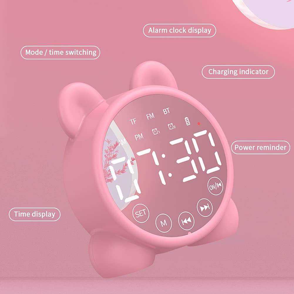 Wireless Charging Digital Alarm Clock, Mirror LED Display Bluetooth Speaker FM Clock Radio with USB Port, Portable Dual Alarm for Home Office Bedroom (Pink)