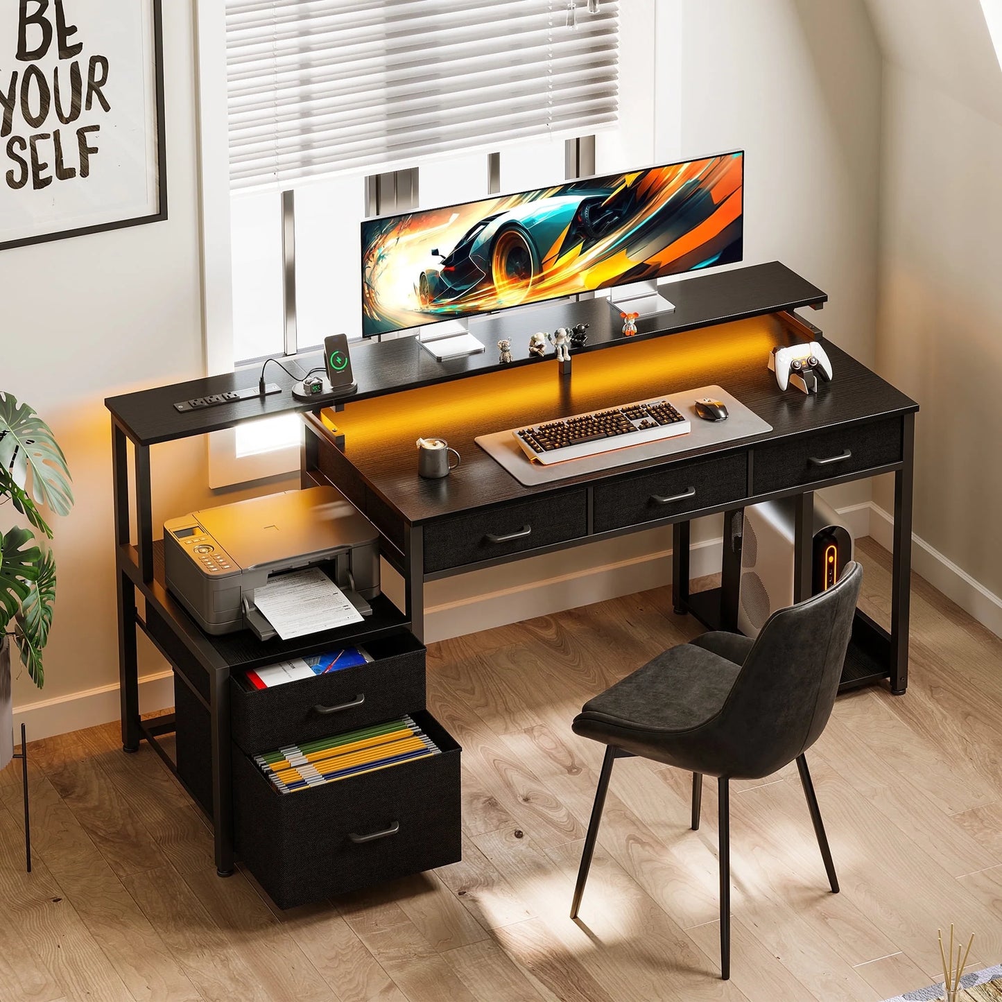 55 Inch Computer Gaming Desk with LED Lights & Power Outlets, Home Office Desk with Storage Shelves & 5 Fabric Drawers, File Cabinet Monitor Stand, Black