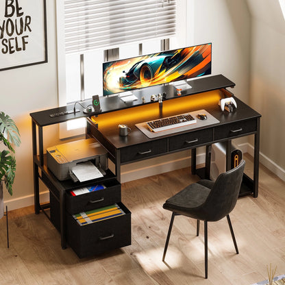 55 Inch Computer Gaming Desk with LED Lights & Power Outlets, Home Office Desk with Storage Shelves & 5 Fabric Drawers, File Cabinet Monitor Stand, Black