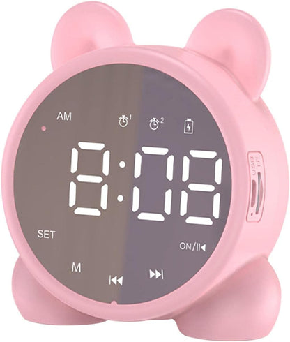 Wireless Charging Digital Alarm Clock, Mirror LED Display Bluetooth Speaker FM Clock Radio with USB Port, Portable Dual Alarm for Home Office Bedroom (Pink)