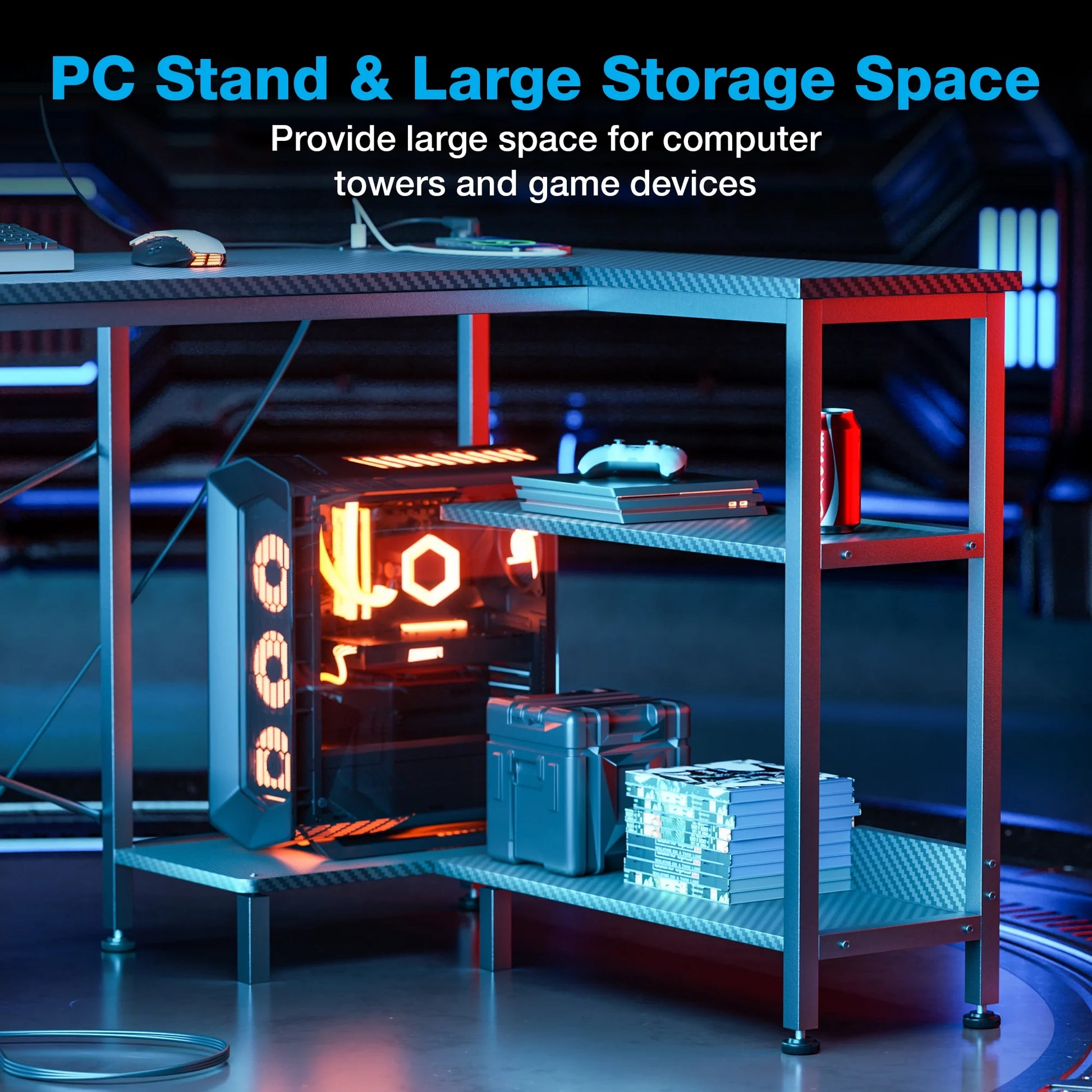 48 Inch Large Office Desk with Storage Shelve, Gaming Table with Power Outletsfor Large Spaces, Black Carbon