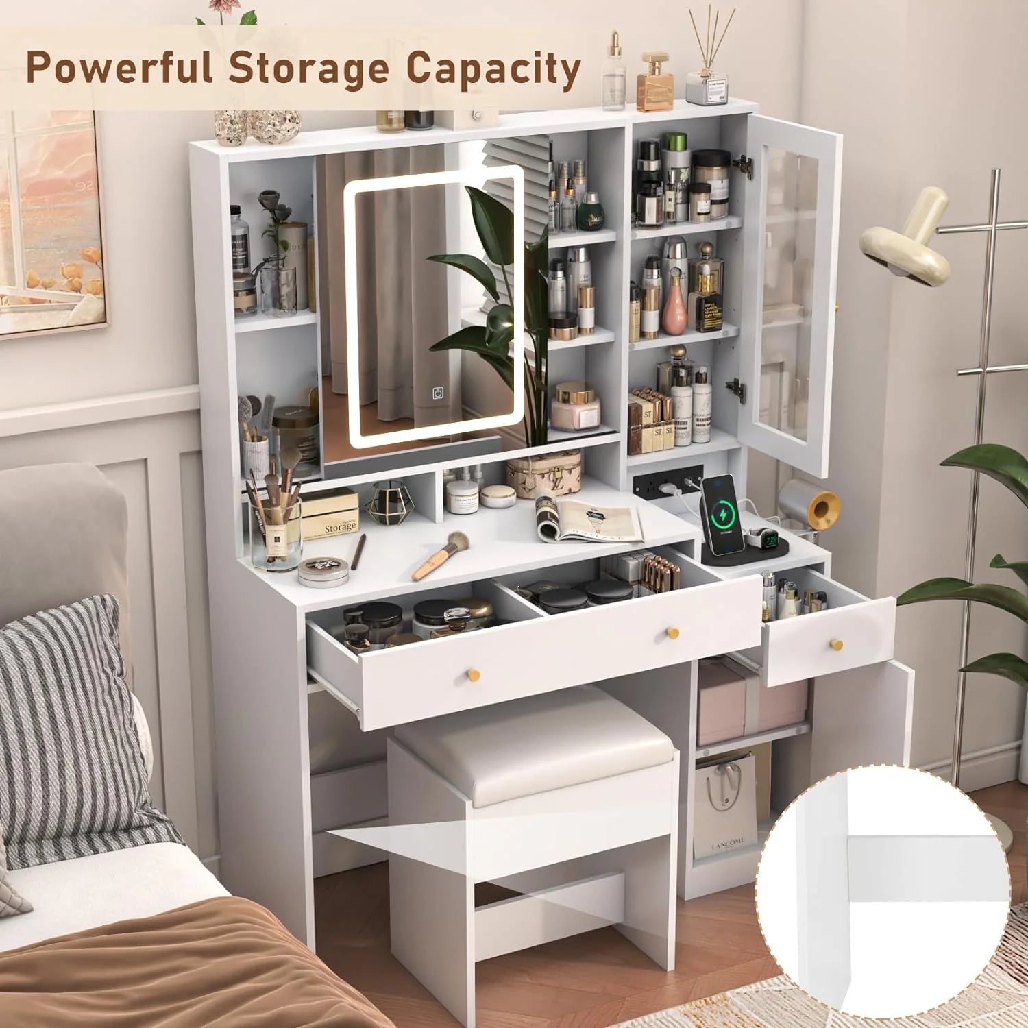 White Vanity Desk with Sliding Mirror & Lights, Vanity Table Makeup Desk with Charging Station 2 Drawers 2 Doors, Lots of Storage Shelves, Large Vanity Set with Cushioned Stool