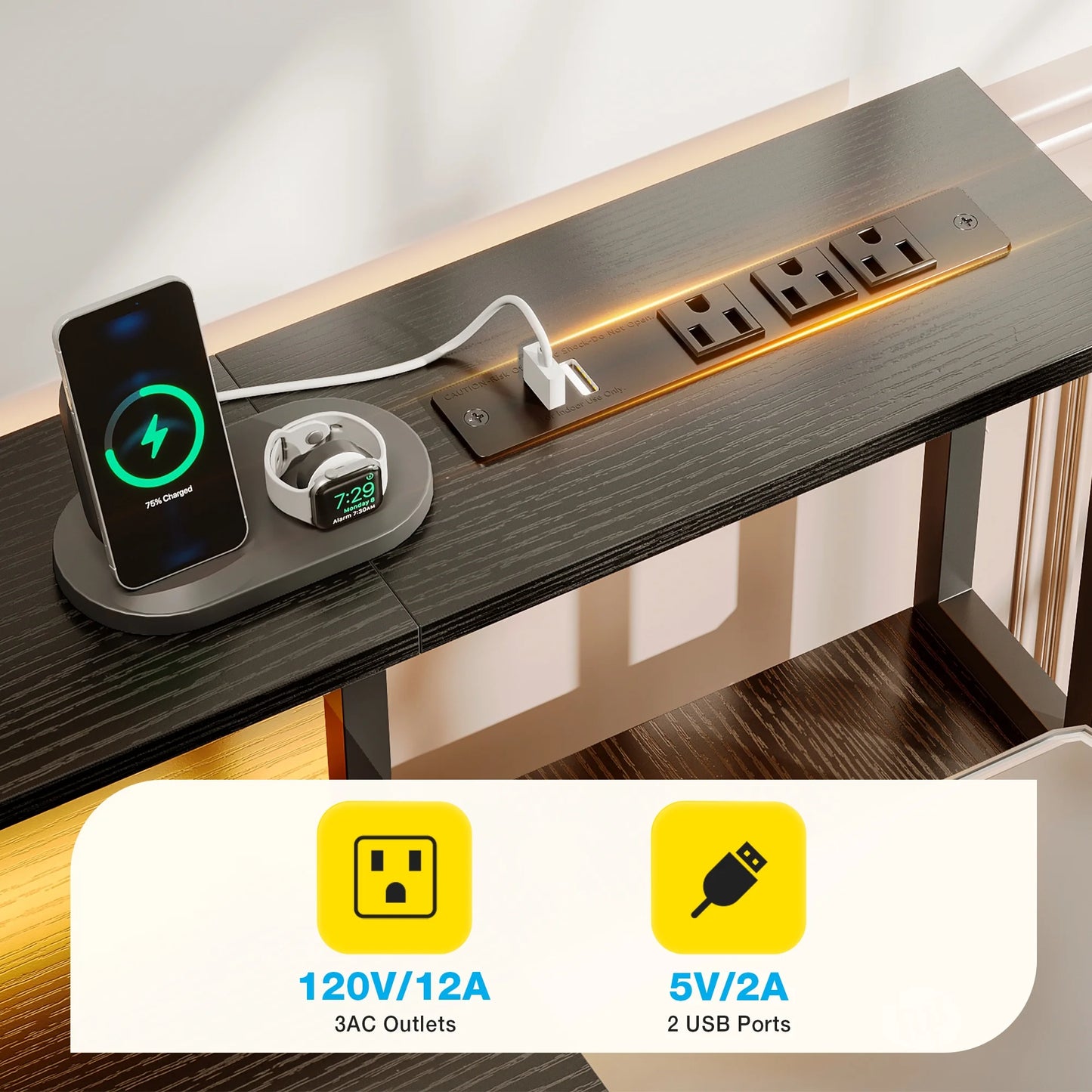 55 Inch Computer Gaming Desk with LED Lights & Power Outlets, Home Office Desk with Storage Shelves & 5 Fabric Drawers, File Cabinet Monitor Stand, Black