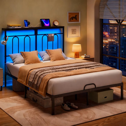 Queen Size Bed Frame with 49.2" High LED Storage Headboard Shelf, Metal Platform Bed with Charging Station, Black
