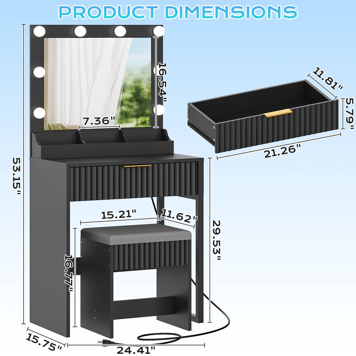 Flutted Makeup Vanity Table 8 LED Lights, Dressing Desk with Charging Station, for Femal Gift, Black