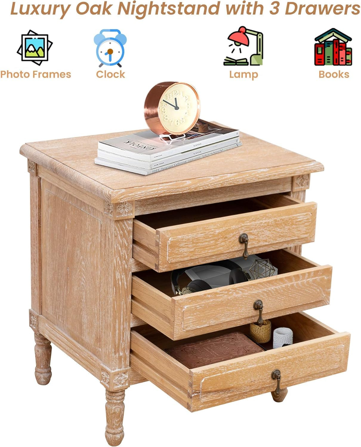 Oak Nightstand with 3 Drawers, Wood Bedside Table Cabinet, Bedroom Furniture with Solid Wood Legs, Large Storage Space, Accent End Table for Home Office (1PC Oak)