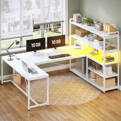 L Shaped Computer Desk, 63” Reversible Office Desk or Corner Desk with Storage Shelves, White Gaming Desk with LED Lights, Powe