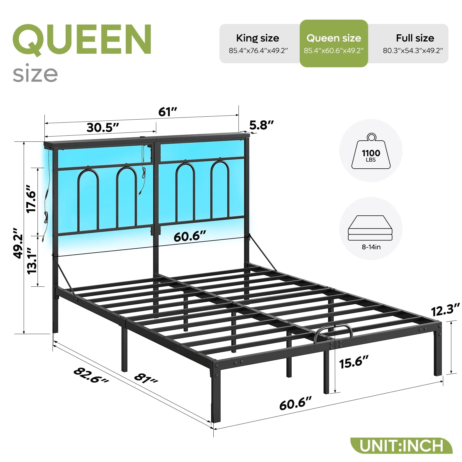Queen Size Bed Frame with 49.2" High LED Storage Headboard Shelf, Metal Platform Bed with Charging Station, Black