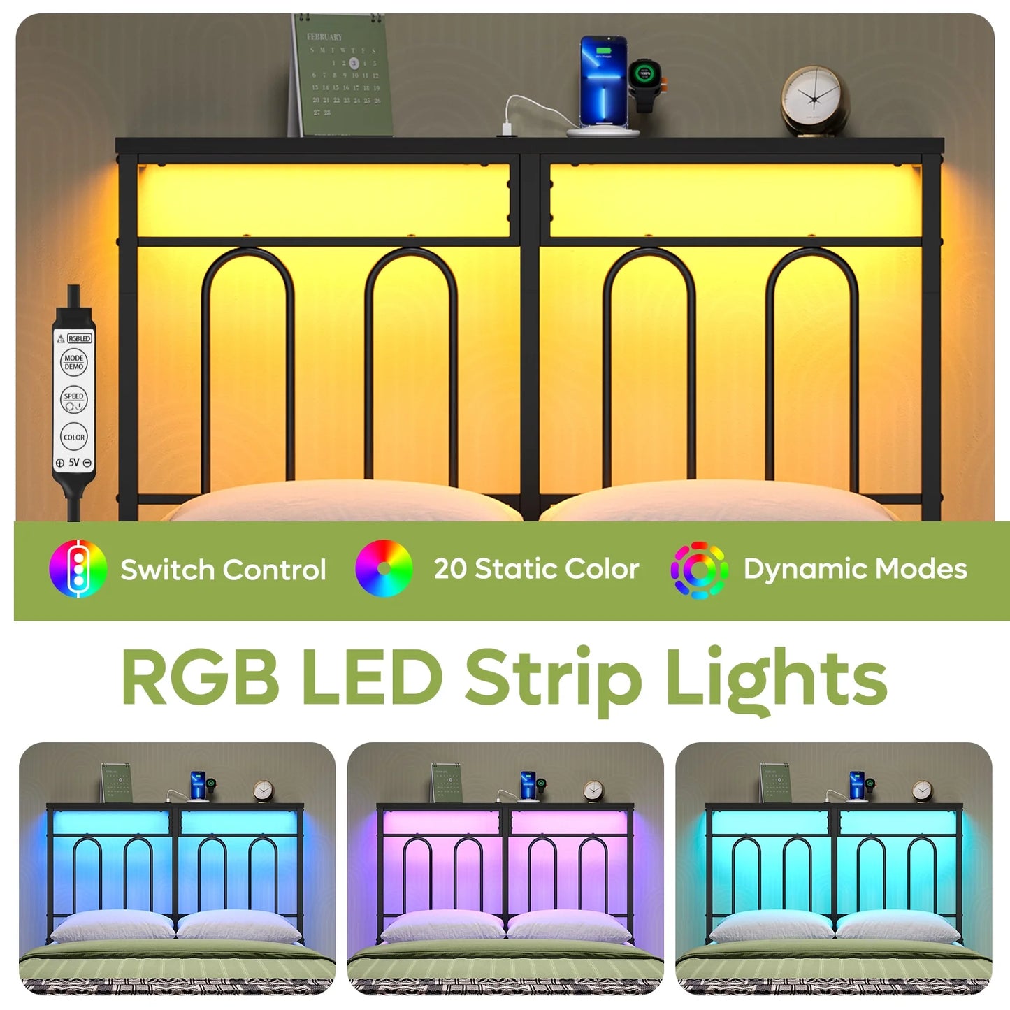 Full Size Bed Frame with 49.2" High LED Storage Headboard Shelf, Metal Platform Bed with Charging Station, Black