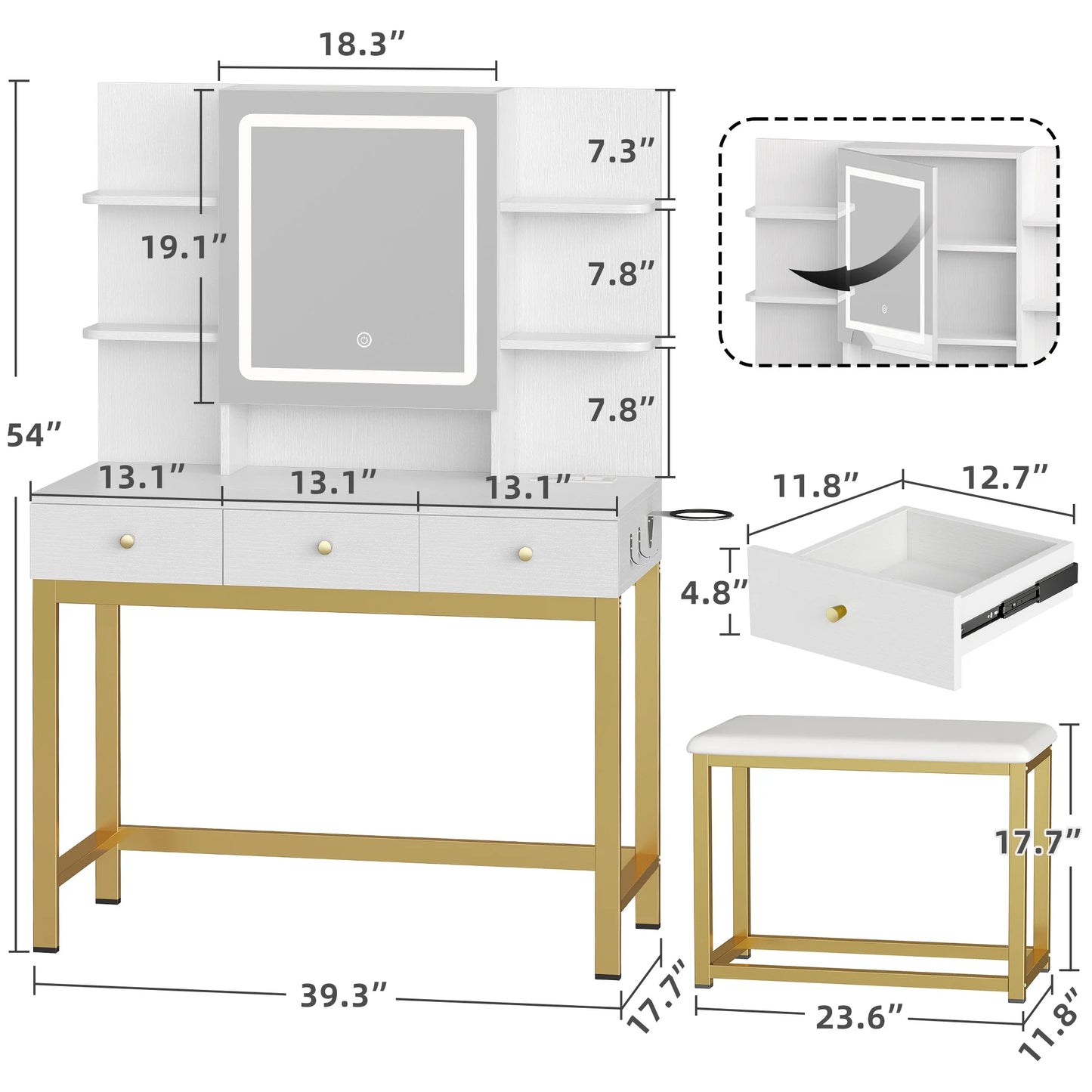 Makeup Vanity Set with LED Lighted Mirror, Makeup Desk with Drawers & Stool, Vanity Table with Hidden Storage Shelves, Makeup Dressing Table Set for Girls,Princess, White