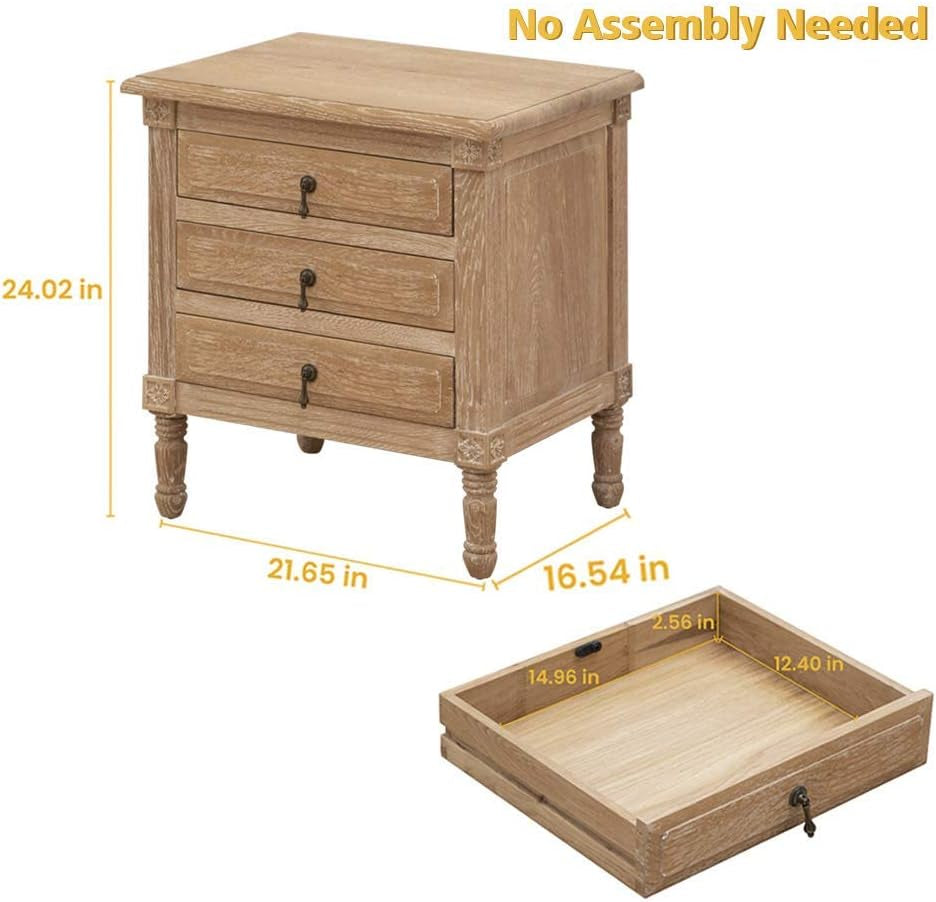 Oak Nightstand with 3 Drawers, Wood Bedside Table Cabinet, Bedroom Furniture with Solid Wood Legs, Large Storage Space, Accent End Table for Home Office (1PC Oak)
