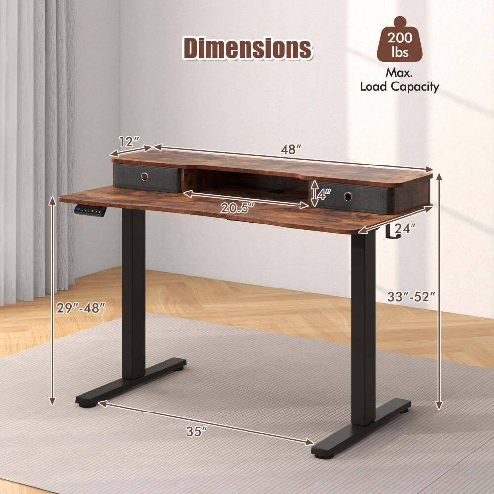 48 In. Brown Wood 2-Drawer Electric Standing Desk with Monitor Stand Storage Shelf