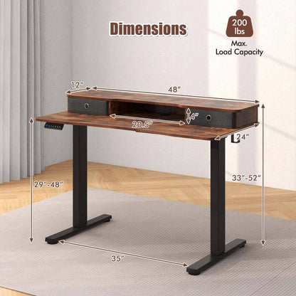 48 In. Brown Wood 2-Drawer Electric Standing Desk with Monitor Stand Storage Shelf