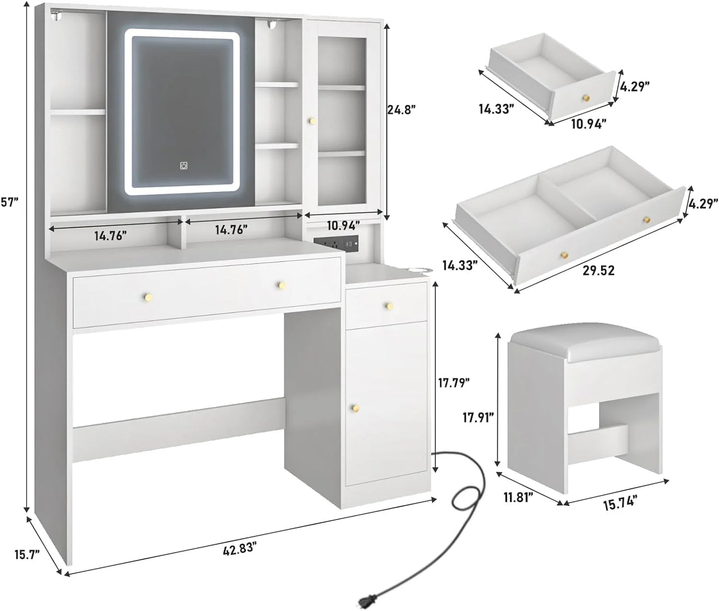 White Vanity Desk with Sliding Mirror & Lights, Vanity Table Makeup Desk with Charging Station 2 Drawers 2 Doors, Lots of Storage Shelves, Large Vanity Set with Cushioned Stool