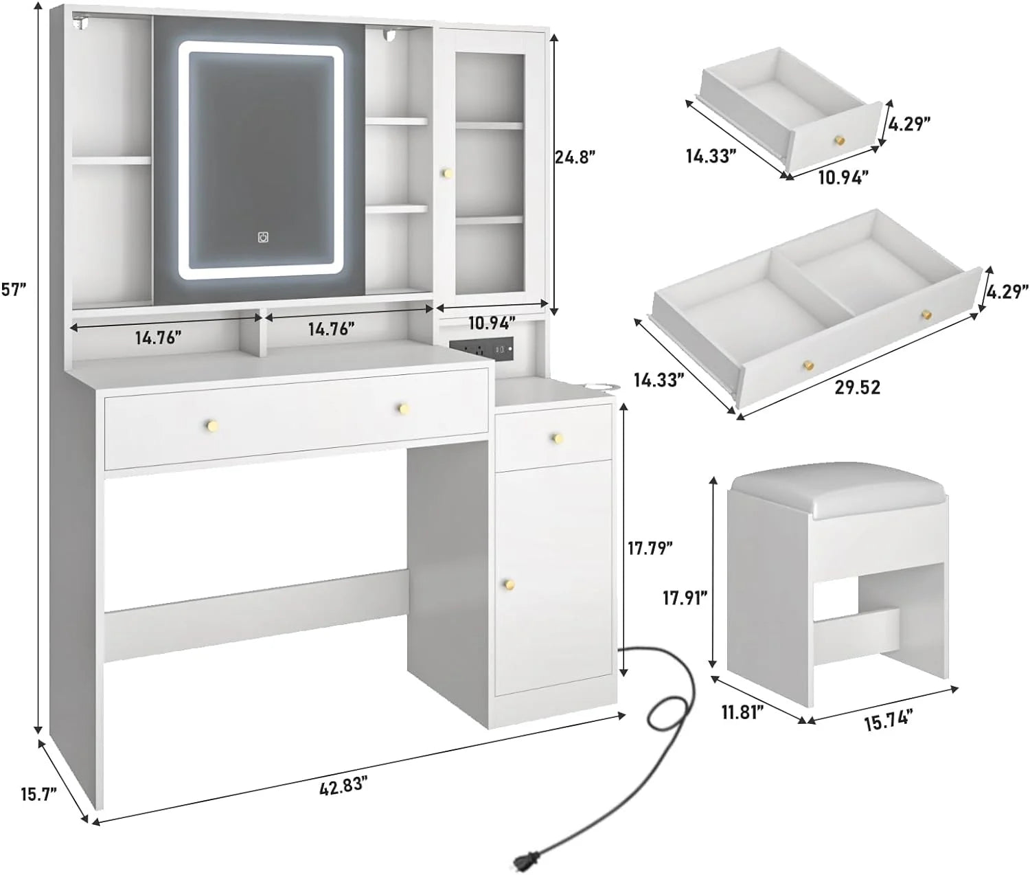 White Vanity Desk with Sliding Mirror & Lights, Vanity Table Makeup Desk with Charging Station 2 Drawers 2 Doors, Lots of Storage Shelves, Large Vanity Set with Cushioned Stool