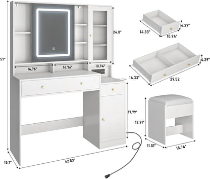White Vanity Desk with Sliding Mirror & Lights, Vanity Table Makeup Desk with Charging Station 2 Drawers 2 Doors, Lots of Storage Shelves, Large Vanity Set with Cushioned Stool