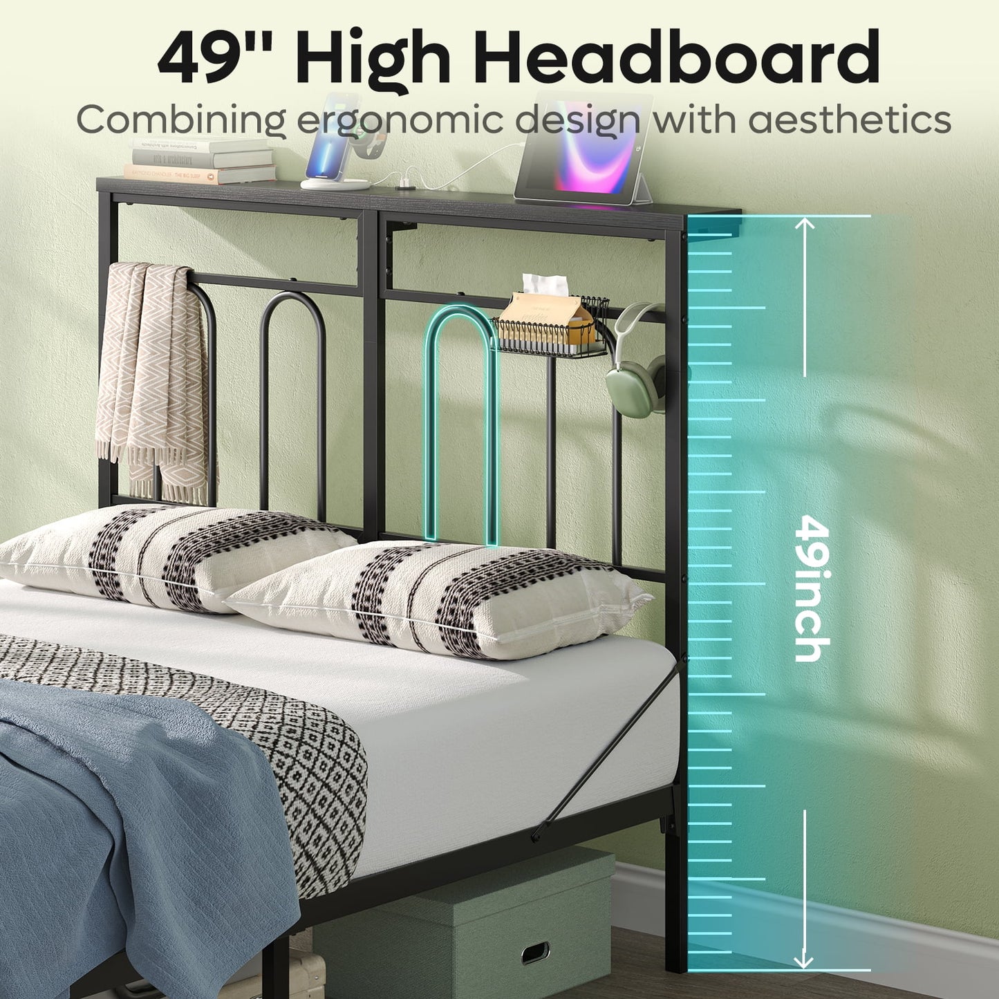 Full Size Bed Frame with 49.2" High LED Storage Headboard Shelf, Metal Platform Bed with Charging Station, Black