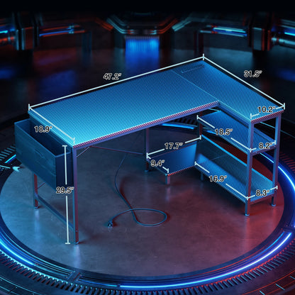 48 Inch Large Office Desk with Storage Shelve, Gaming Table with Power Outletsfor Large Spaces, Black Carbon