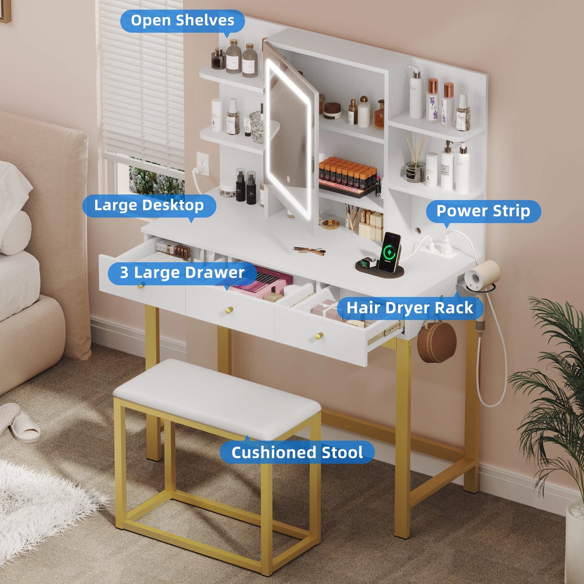 Makeup Vanity Set with LED Lighted Mirror, Makeup Desk with Drawers & Stool, Vanity Table with Hidden Storage Shelves, Makeup Dressing Table Set for Girls,Princess, White