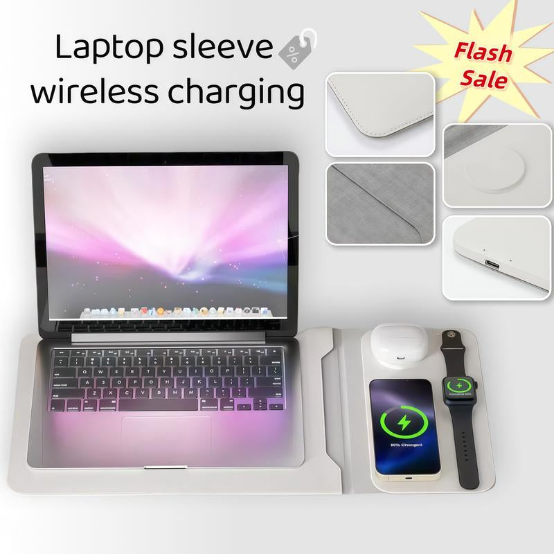 Laptop Sleeve with Wireless Charging 12-14", 3 in 1 Multifunctional Fast Charger for Electronic Iphone, Iwatch, Airpods, Office/Travel/Coffee Shop/On-The-Go Tech Organizer Gear Essential Waterproof Accessory