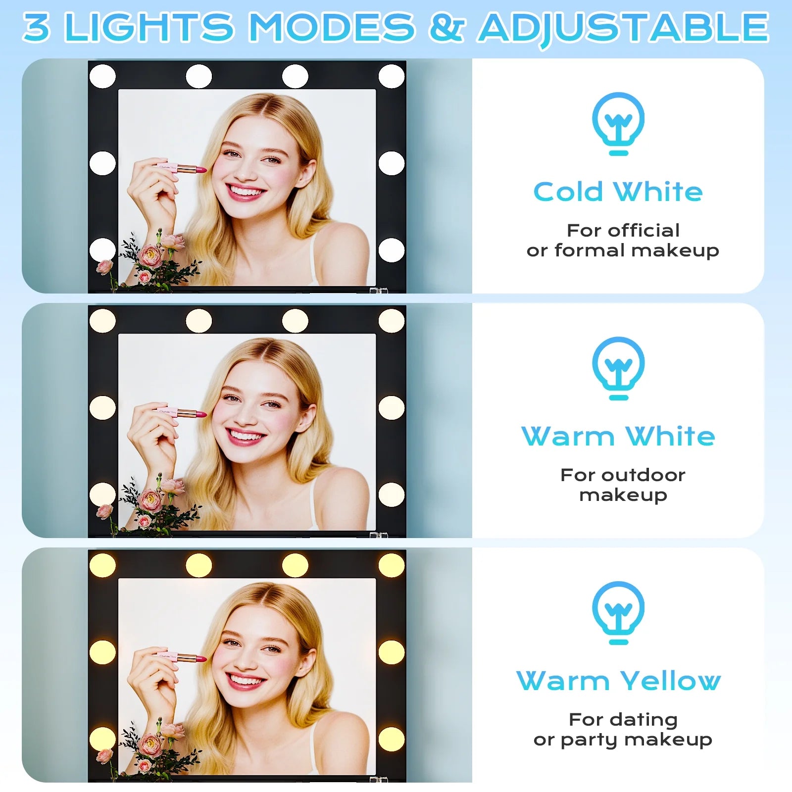 Flutted Makeup Vanity Table 8 LED Lights, Dressing Desk with Charging Station, for Femal Gift, Black