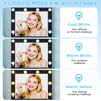 Flutted Makeup Vanity Table 8 LED Lights, Dressing Desk with Charging Station, for Femal Gift, Black