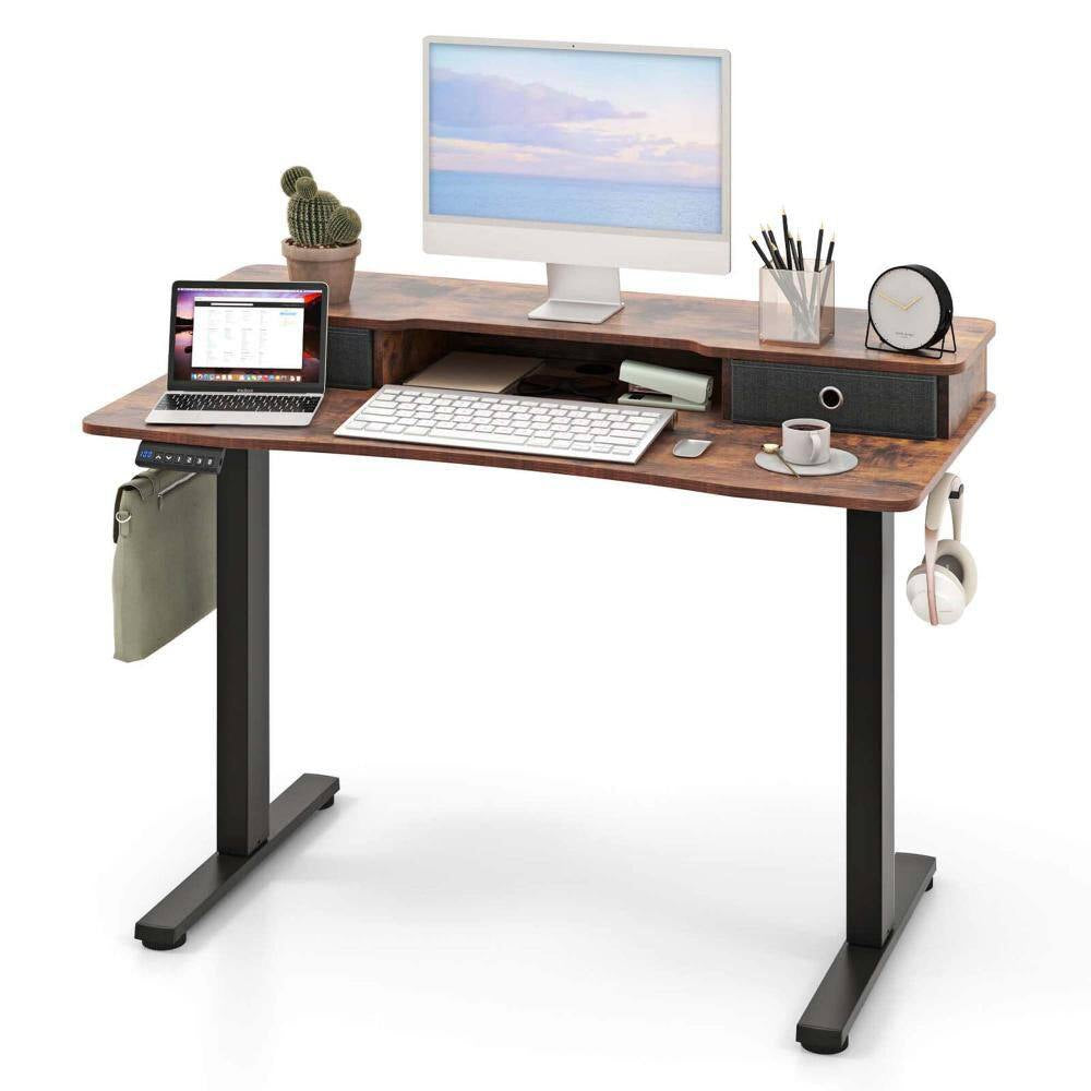 48 In. Brown Wood 2-Drawer Electric Standing Desk with Monitor Stand Storage Shelf