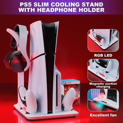 APTGAME Cooling Station for PS5 Slim & Playstation 5 Pro Console,Headset Holder PS5 Accessories Dual Controller Charging Station for PS 5 Controllers, 7 RGB Light, 5 Game Slots,Don Fit the Regular PS5 Wearable Ps5 Accessories Men Gadgets Controller